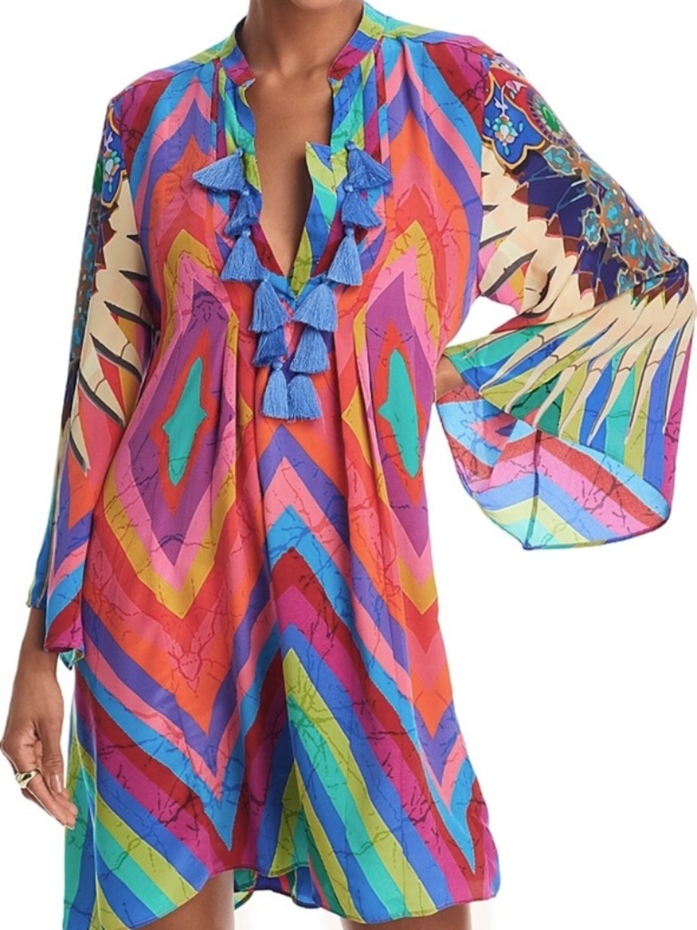 Moda Baronessa Sardinia 100% Silk Tunic Mini Dress Bell Sleeves Ibiza Print XL